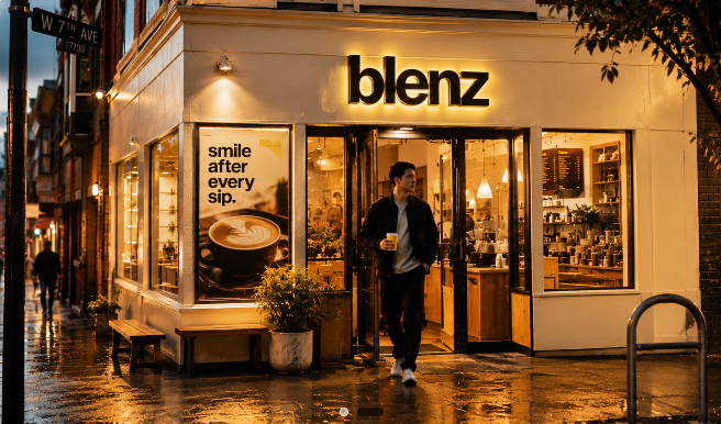 blenz storefront — dark extruded night view