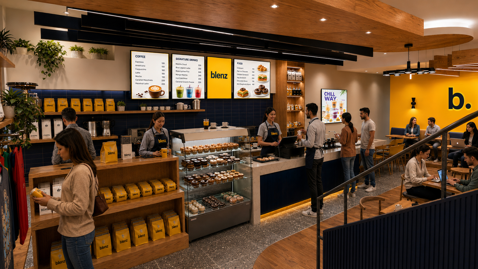 blenz interior — service counter, retail, and lounge with guests