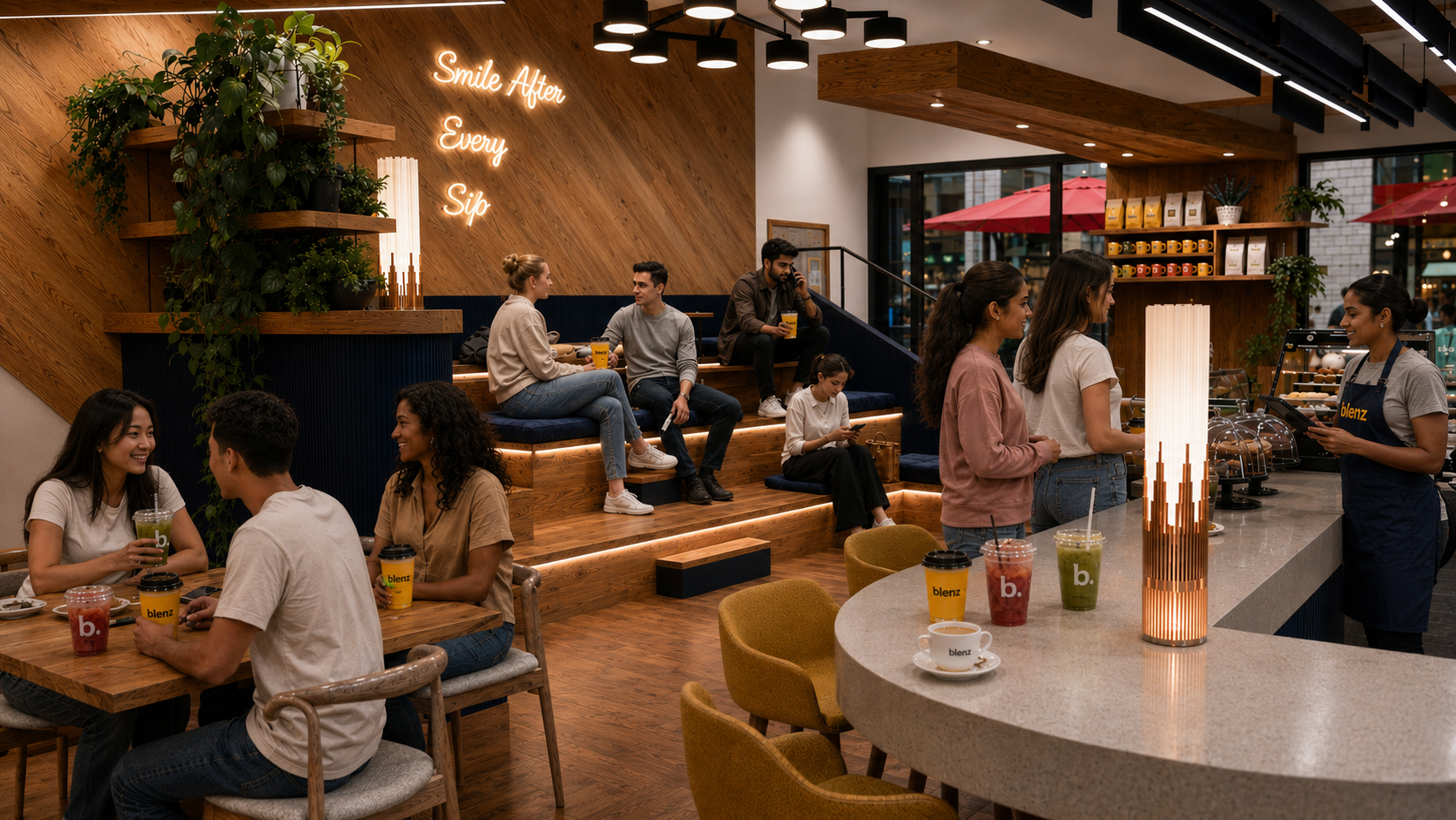 blenz interior — bleacher seating and Smile After Every Sip neon