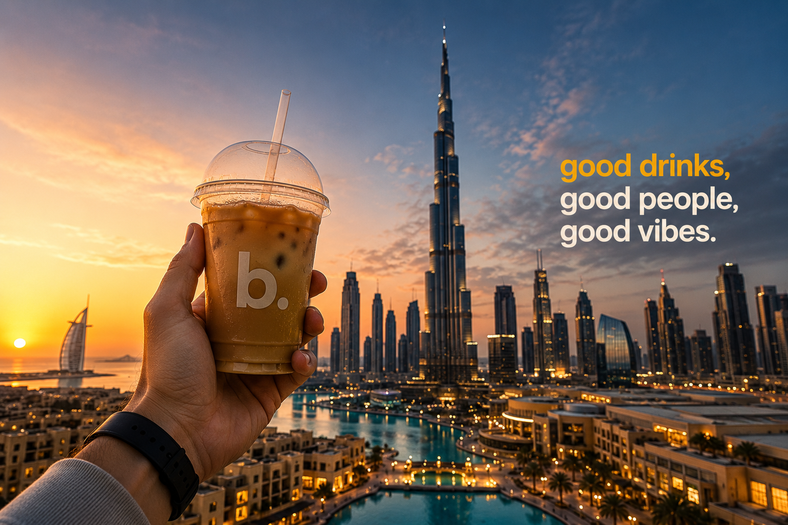 blenz cold cup in foreground with Dubai skyline behind