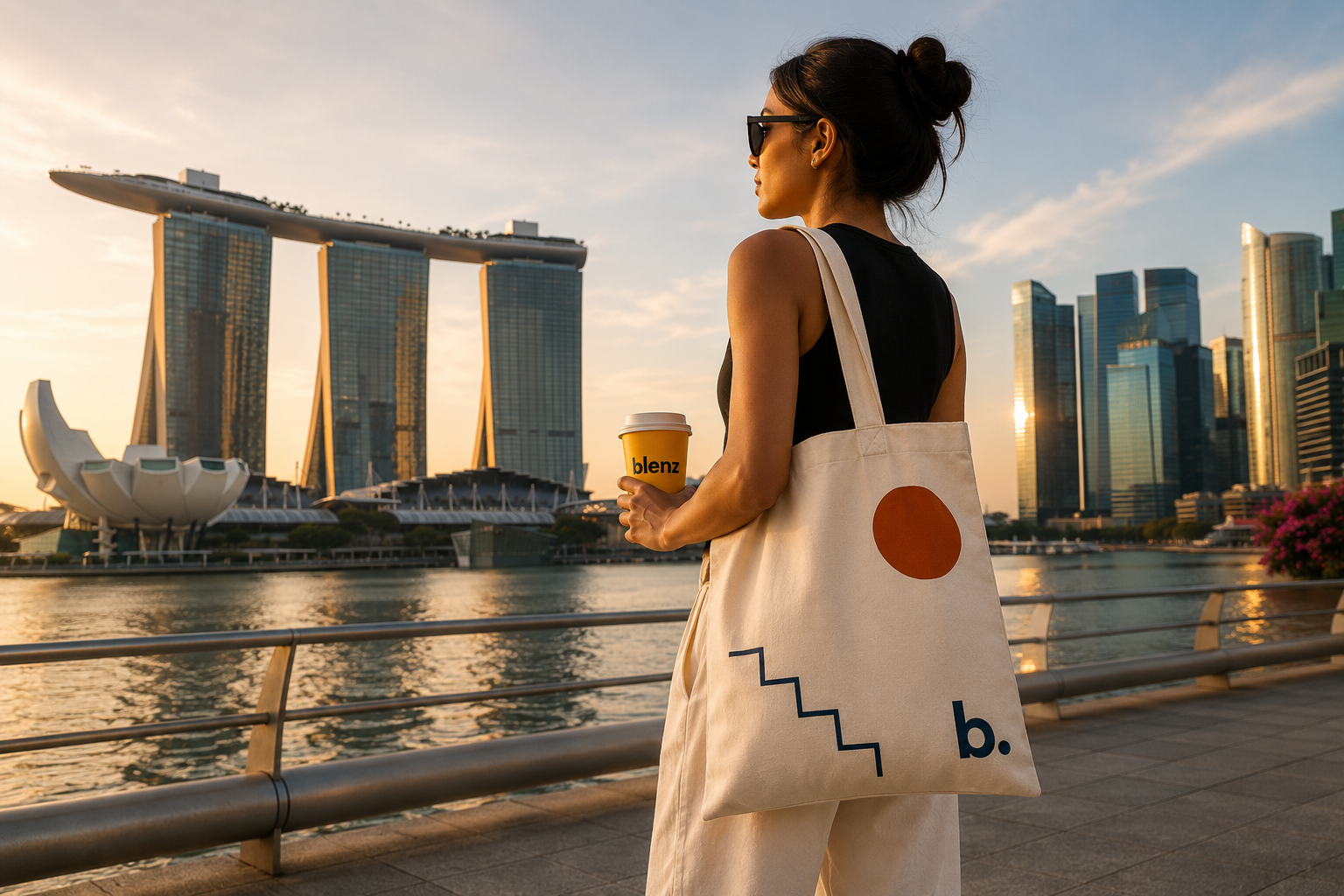 blenz tote in Singapore with Marina Bay skyline