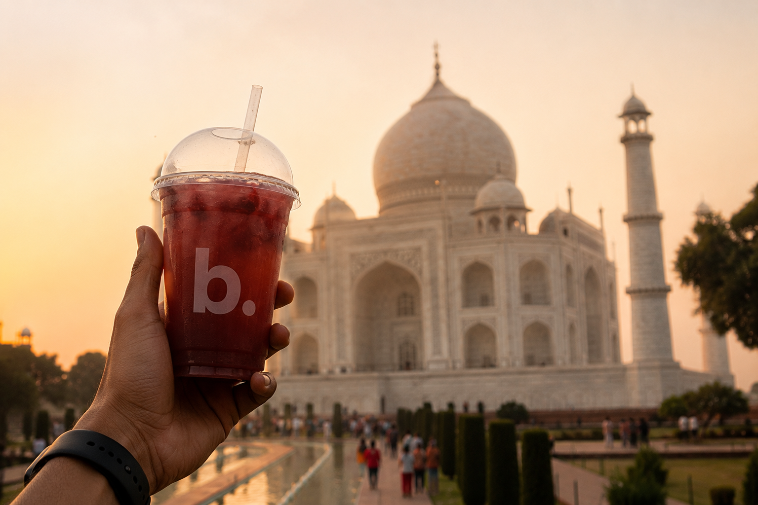 blenz cold cup in foreground with Taj Mahal behind