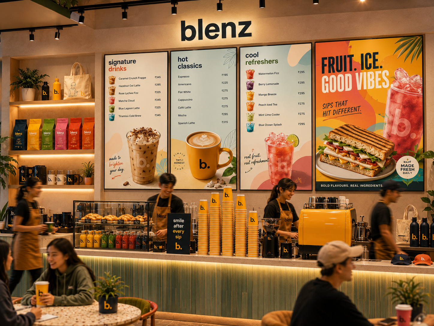 blenz in-store menu system — boards, merch, and counter