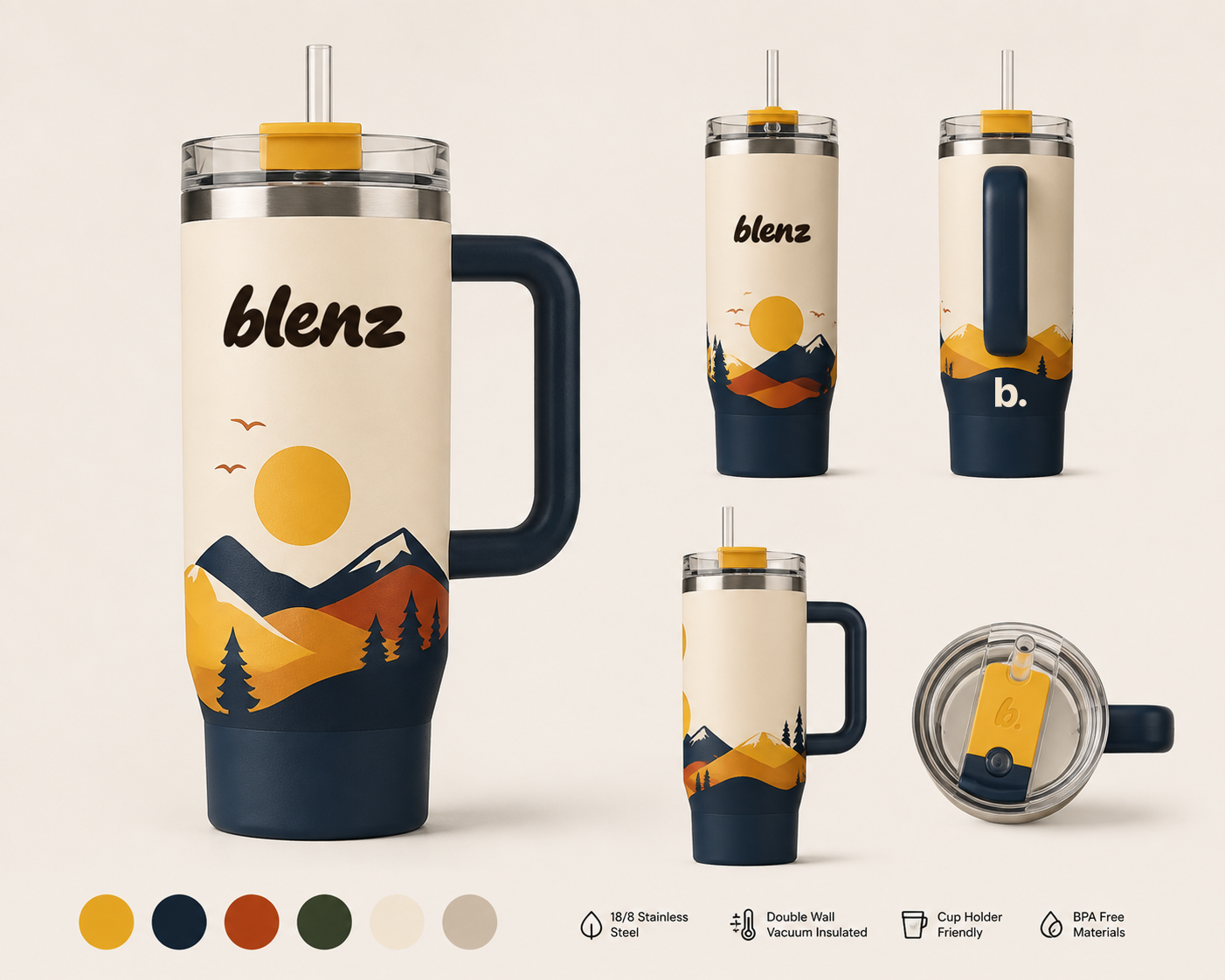 Blenz travel mug — seasonal landscape wrap, multiple angles with lid detail and finish specs