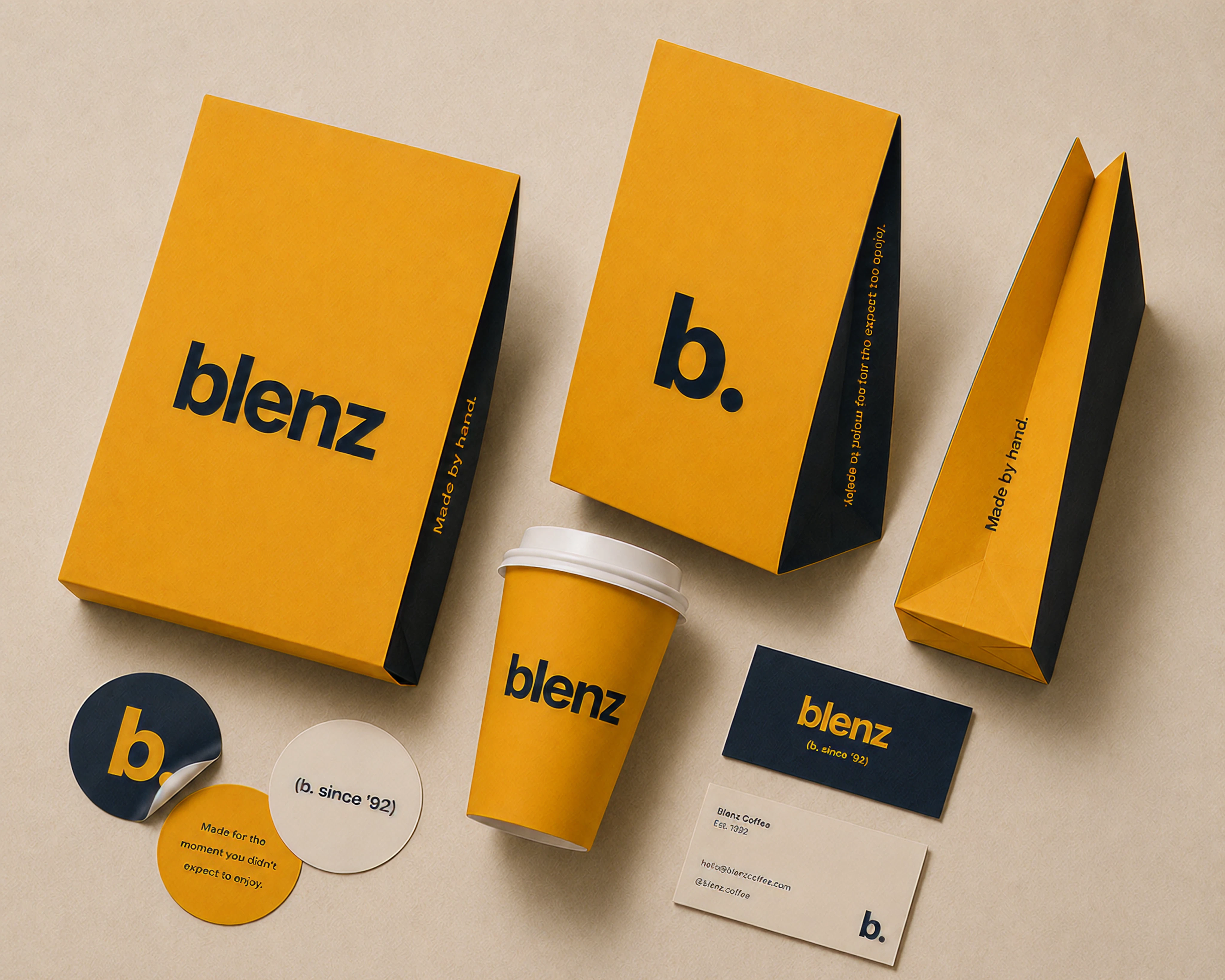 blenz paper bag — yellow ground, navy wordmark