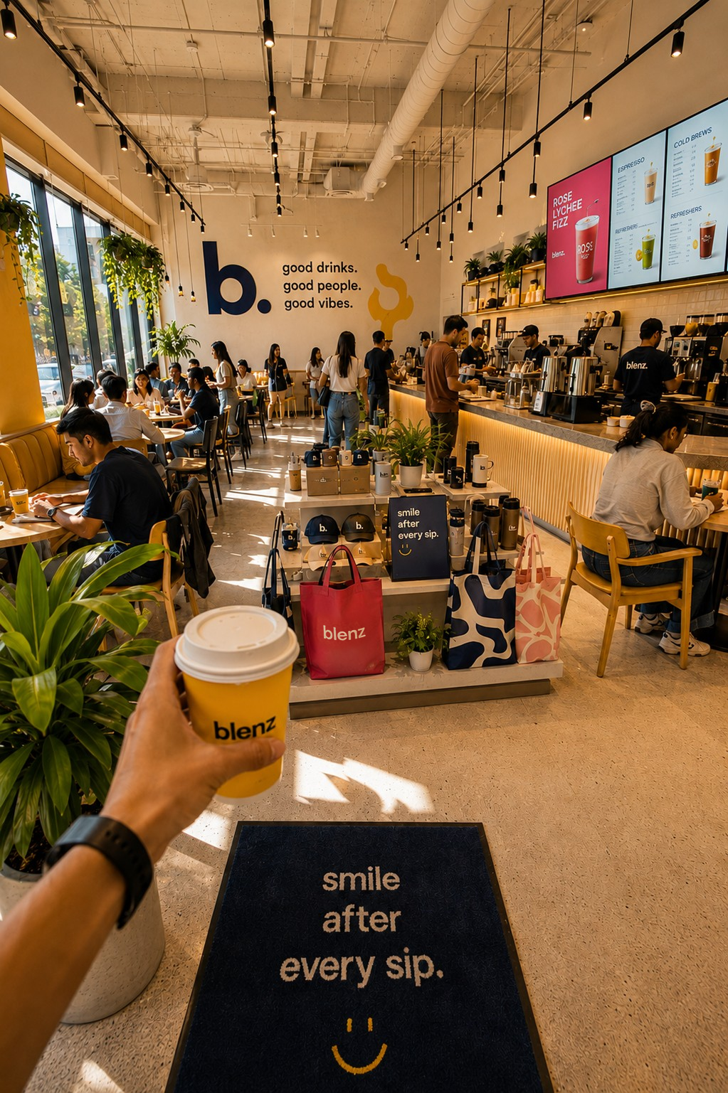 blenz customer POV — merch in the background