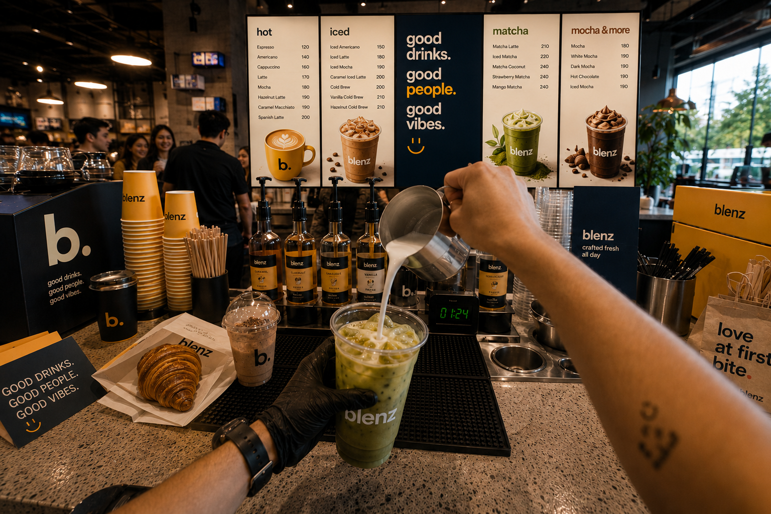 blenz barista POV — pouring matcha at the counter
