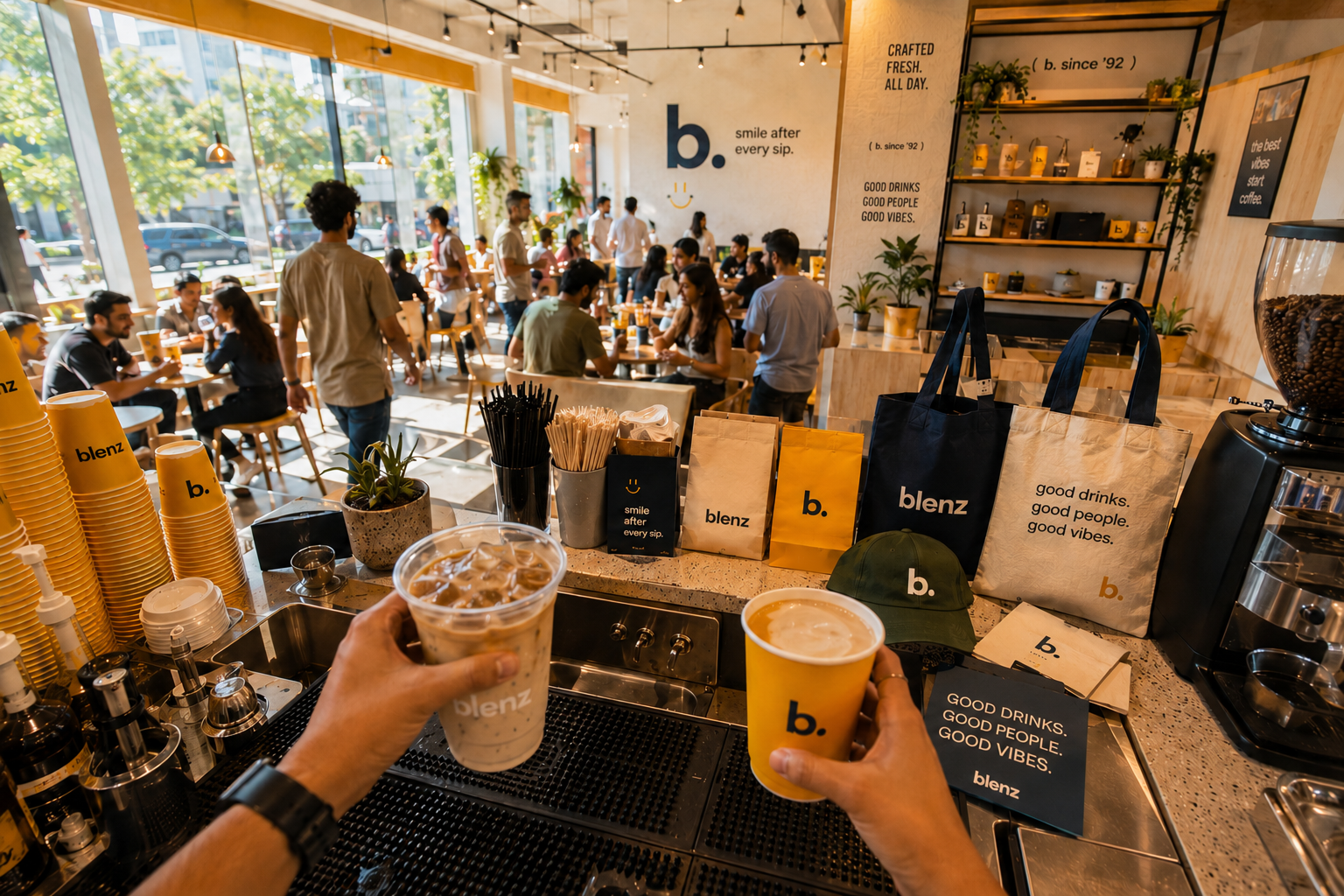 blenz barista POV — merch display behind the bar