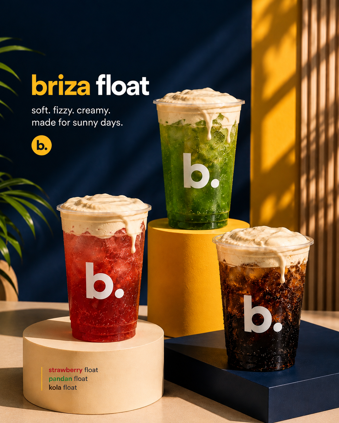 briza float key visual — strawberry, pandan and kola floats on plinths