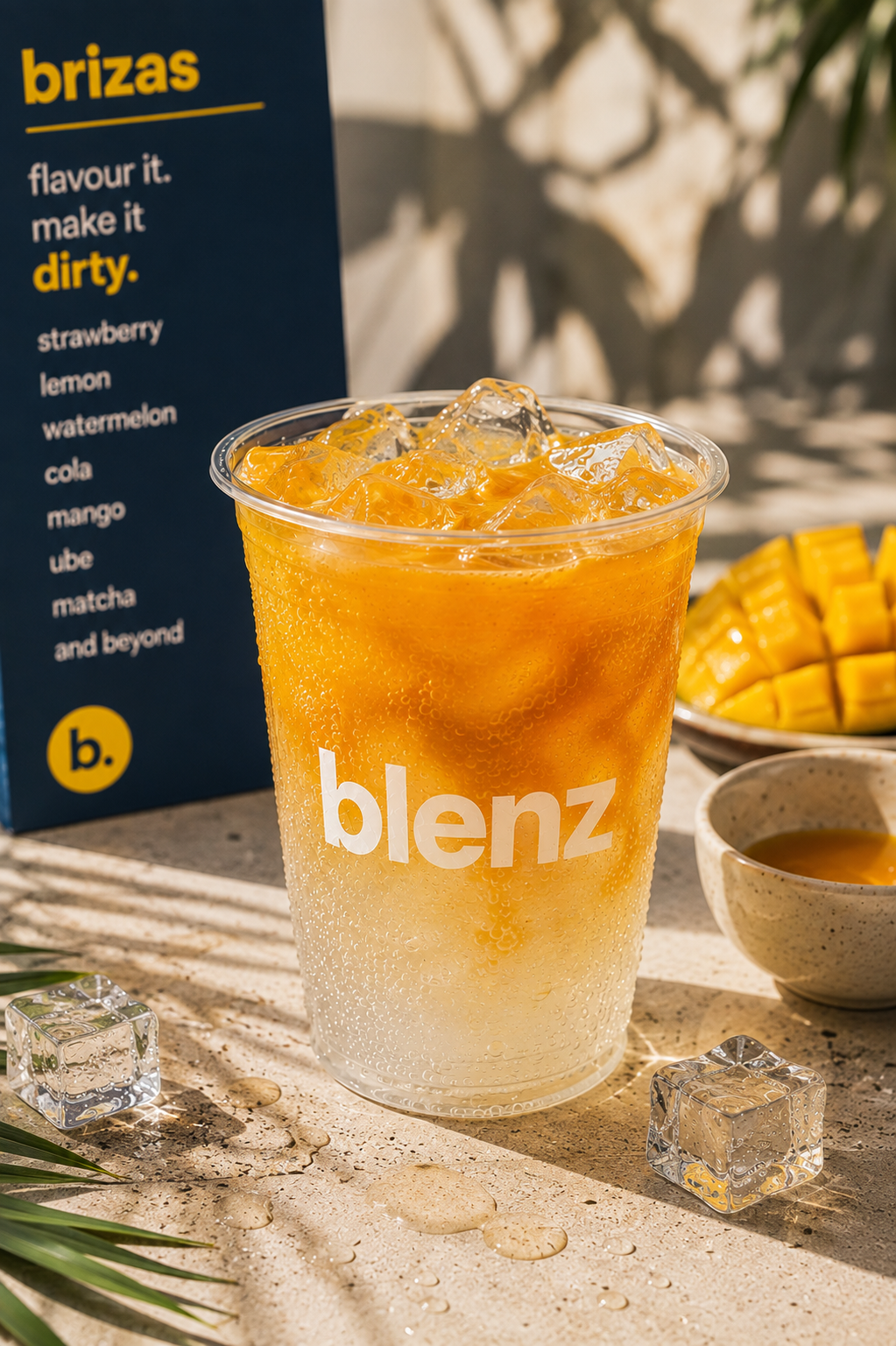 Mango syrup pouring into a blenz briza