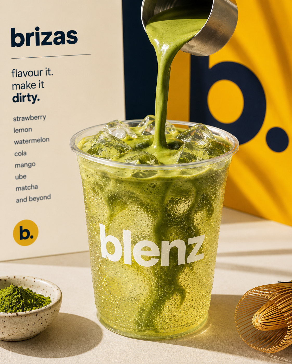 Matcha pouring into a blenz briza beside the brizas flavour board