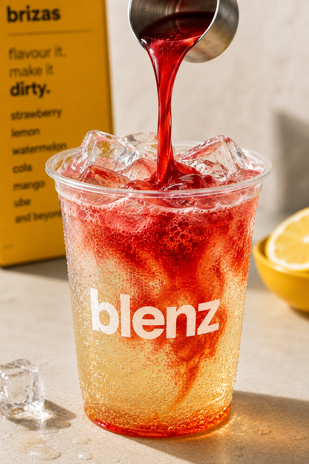 Strawberry syrup pouring into a blenz briza over ice
