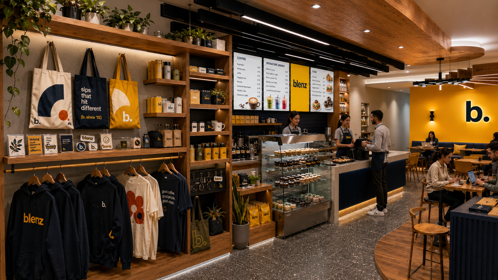 blenz interior — strong retail merch wall with totes, stickers, and apparel