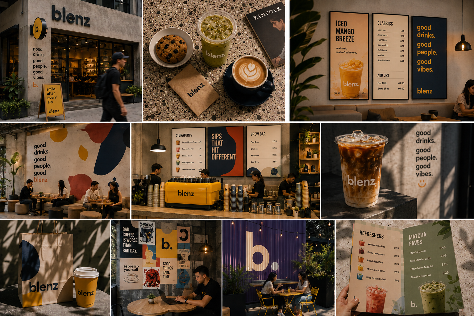 blenz store lookbook — storefront, interiors, packaging, and menu moments