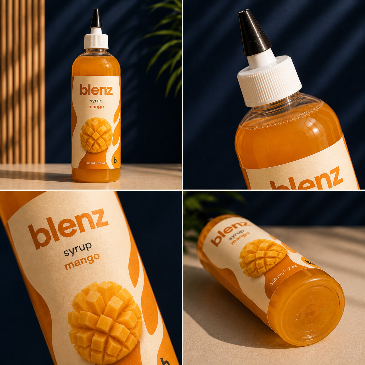 blenz mango syrup bottle close-up — full bottle on a warm counter, spout cap macro, label detail and the bottle on its side