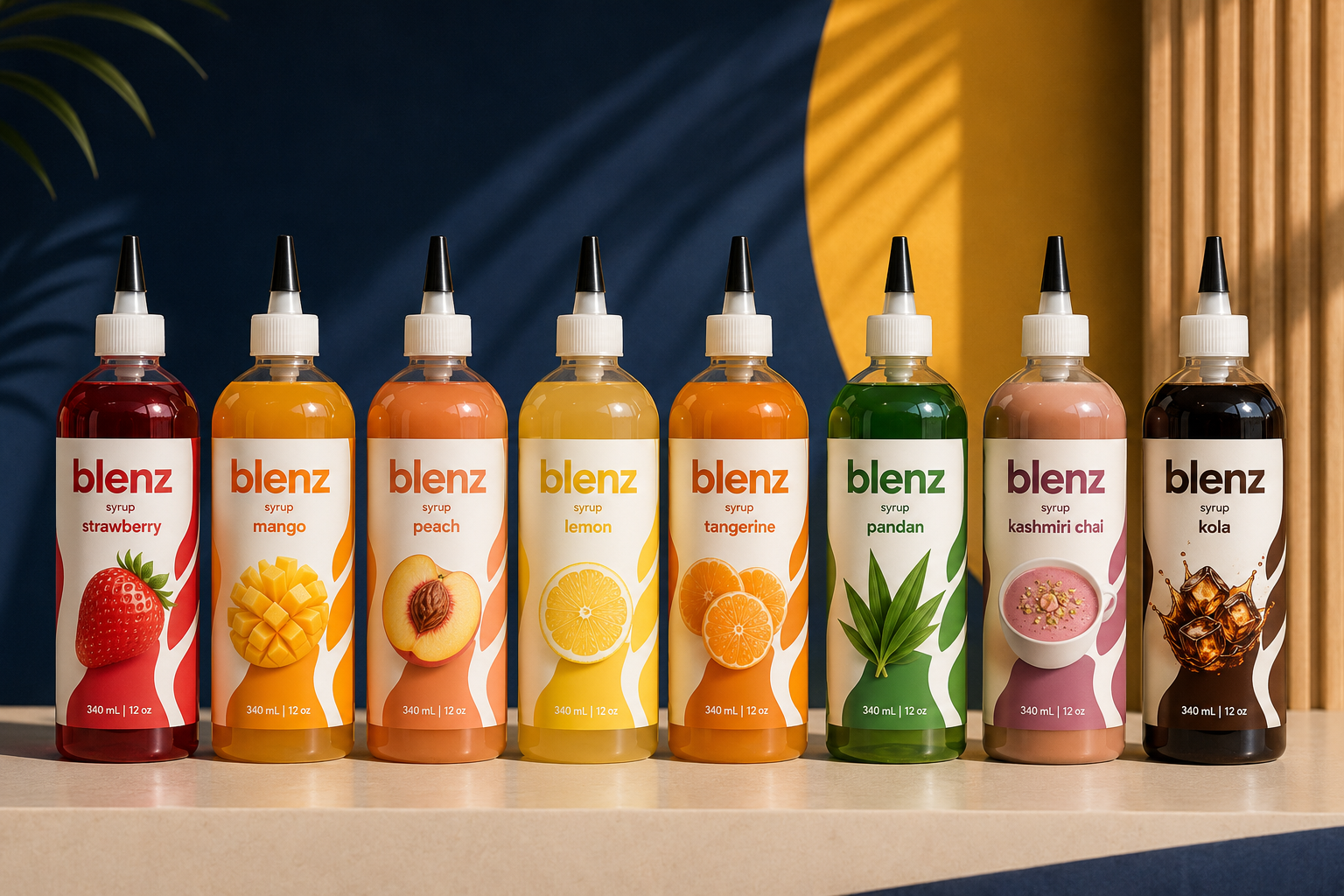 Eight blenz syrup bottles in a row — strawberry, mango, peach, lemon, tangerine, pandan, kashmiri chai, kola